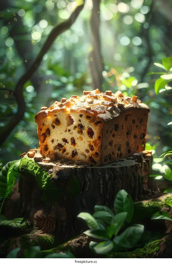 Close up of fruit cake on a tree stump in the middle of a dense forest