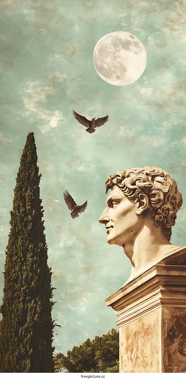 Ancient Roman Bust with Cypress Tree and Full Moon