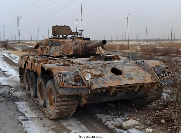 Destroyed Rusty Tank In The Battlefield