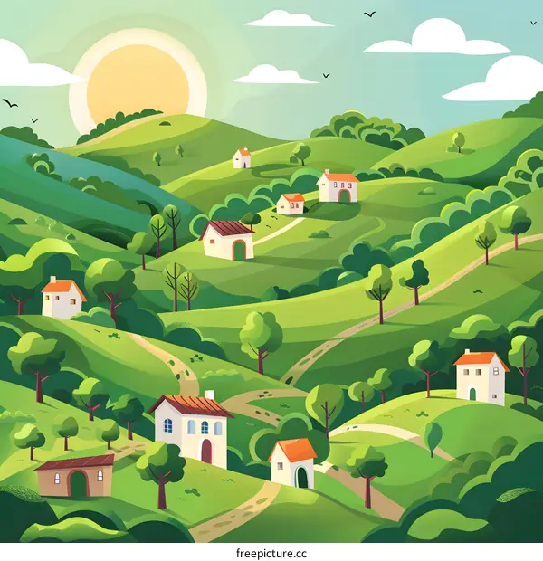 Green Hills Landscape With Houses Illustration