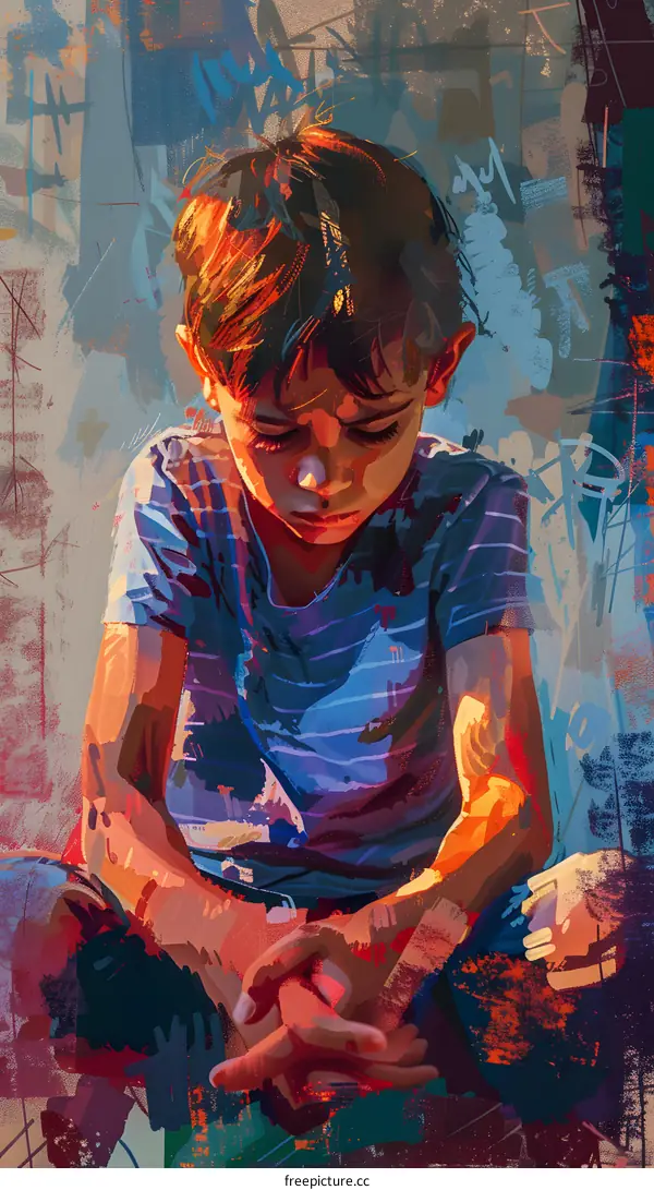 An illustration of a boy with his head down