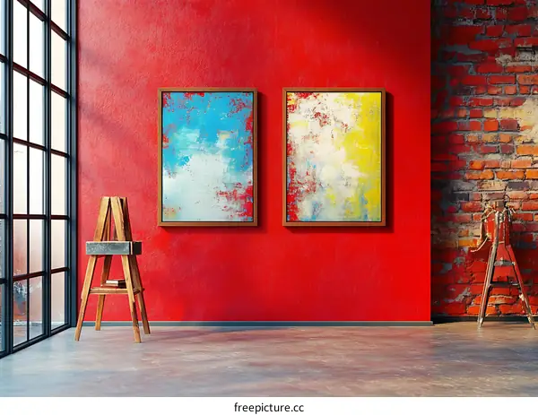 Red Wall with Two Abstract Paintings and Wooden Easel