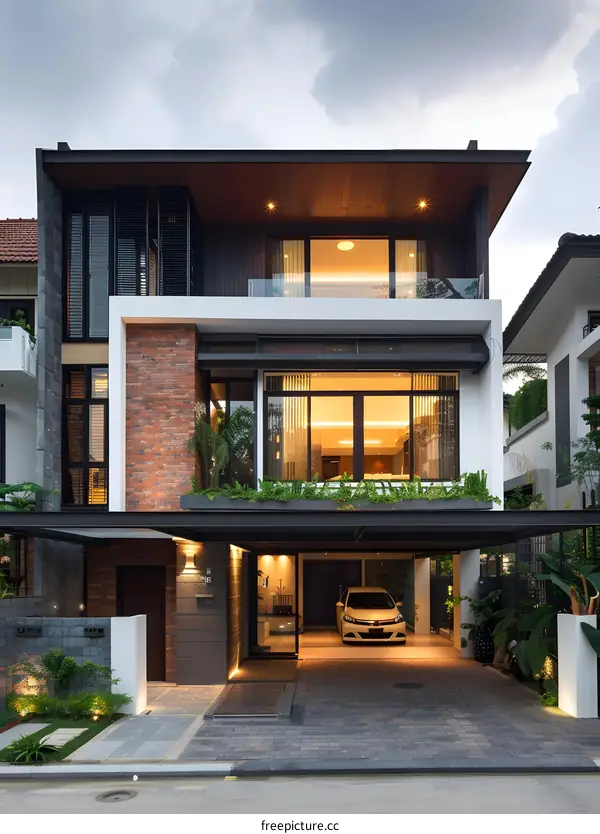 Modern Two Storey House With Brick Exterior And Carport