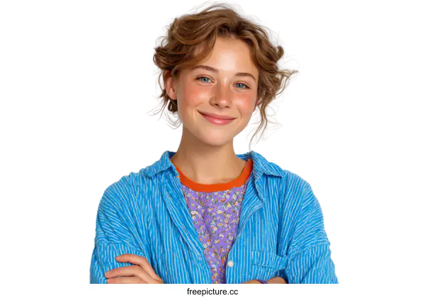 [Transparent Background PNG]Smiling Teenage Girl in a Stylish Blue Shirt