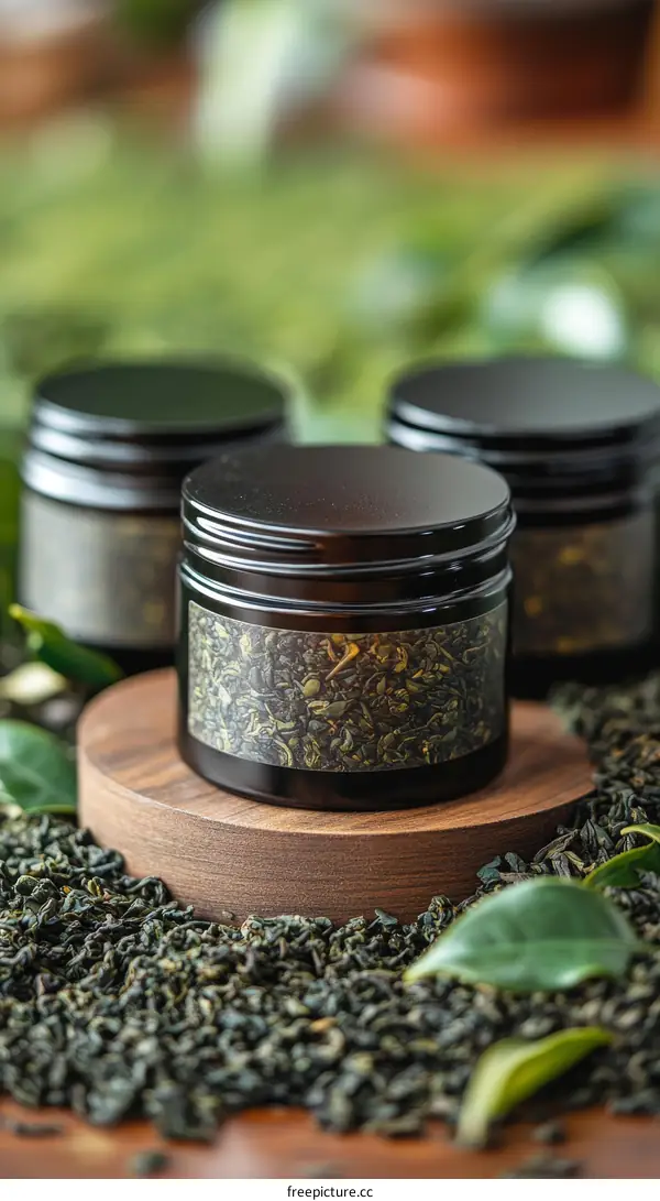 Dark Glass Jars Filled with Green Tea Leaves