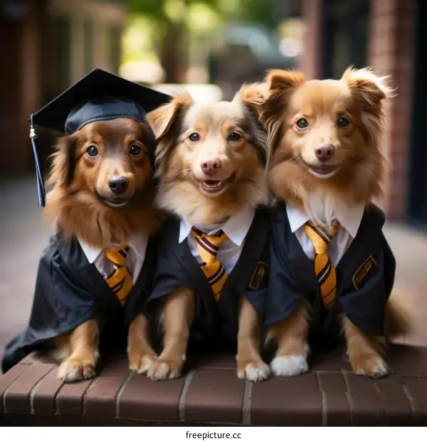 Three dogs in graduation caps and gowns