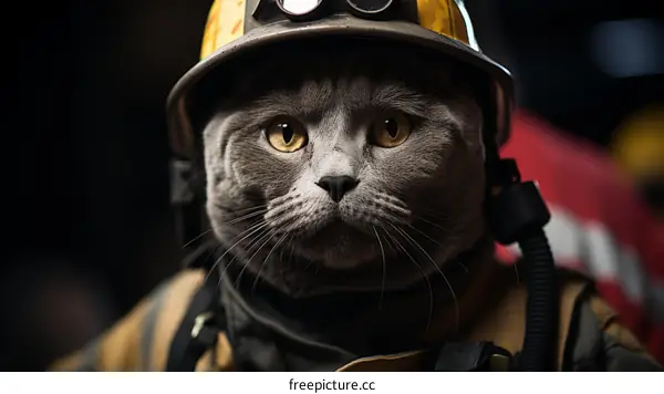 A cat wearing a firefighter's helmet and uniform