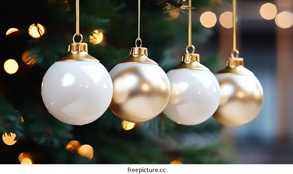 Four Christmas ornaments hanging on a Christmas tree