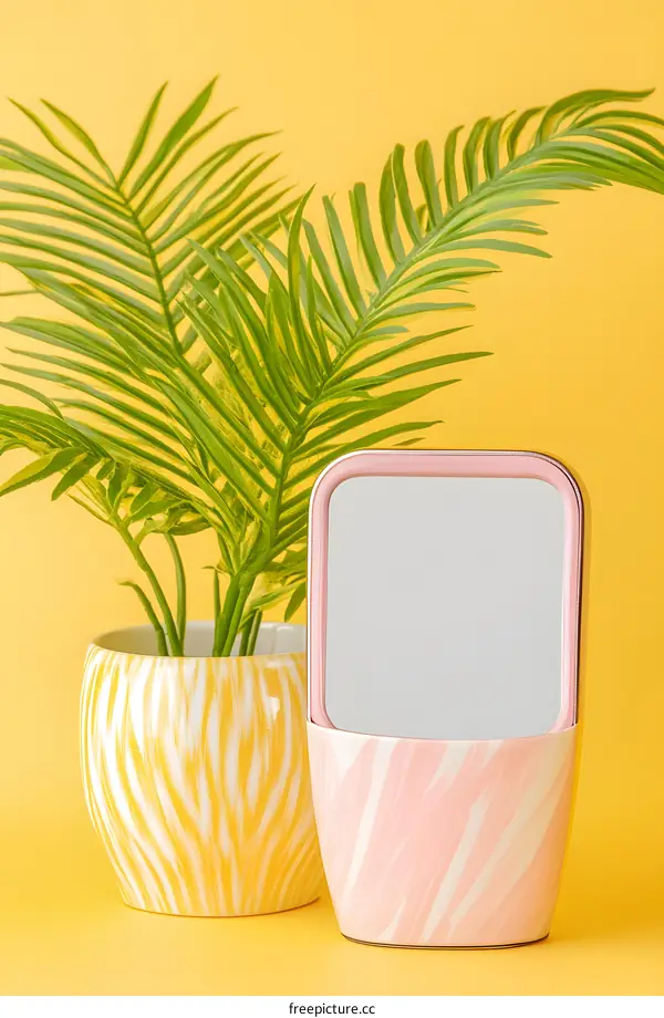 Yellow and Pink Plant Pot with Mirror on a Yellow Background