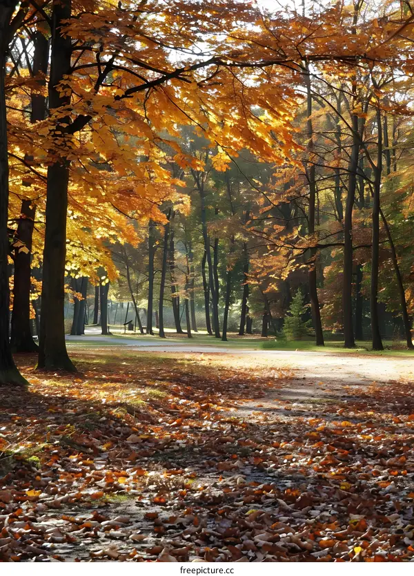 Autumn Forest Path With Golden Leaves