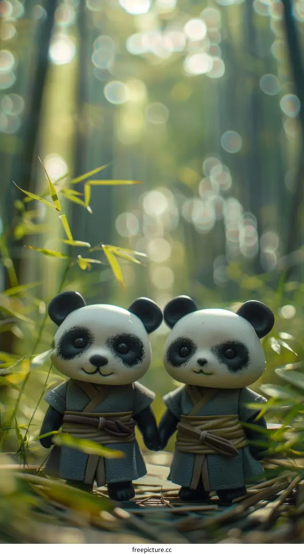Two cute cartoon pandas holding hands in a bamboo forest