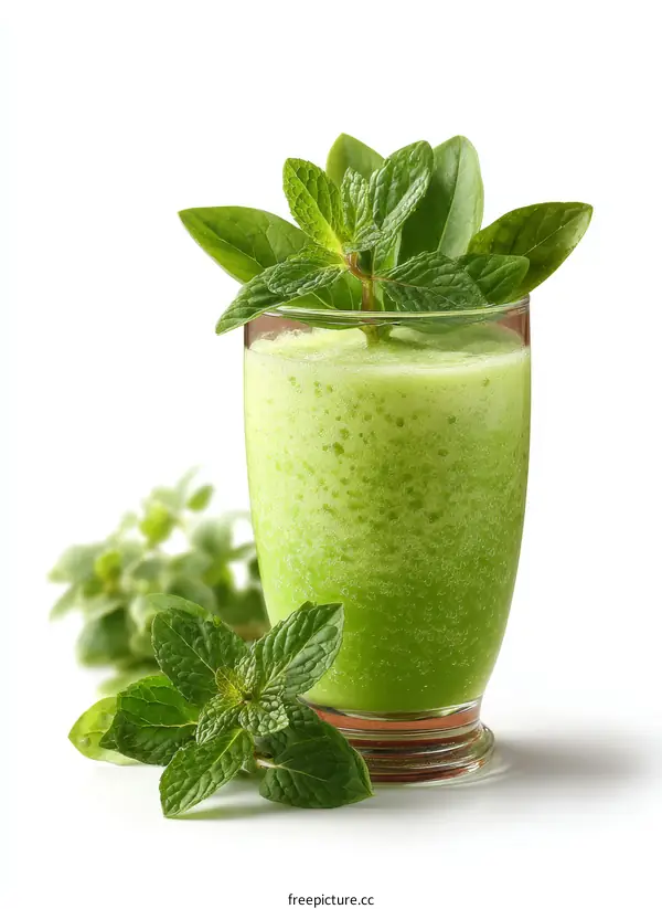 Fresh Green Smoothie with Mint Leaves on White Background