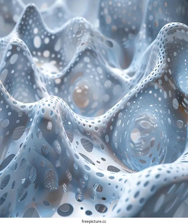 Blue and white abstract 3D rendering of a porous surface with a lot of holes