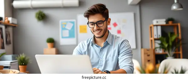 Smiling Man Working on Laptop in Office