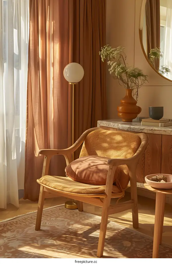 Cozy Living Room Interior Design with Wooden Chair and Beige Curtains