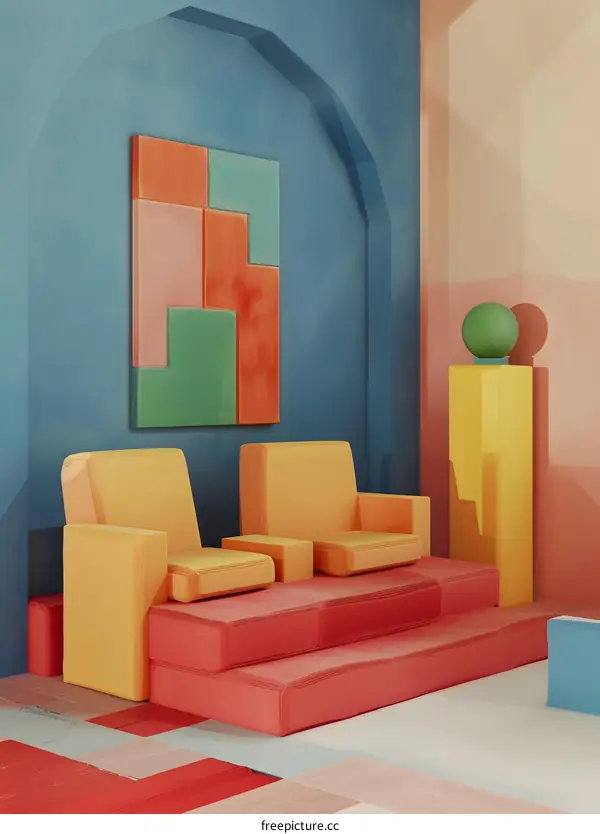 Abstract Modern Interior Design with Colorful Geometric Shapes and Furniture