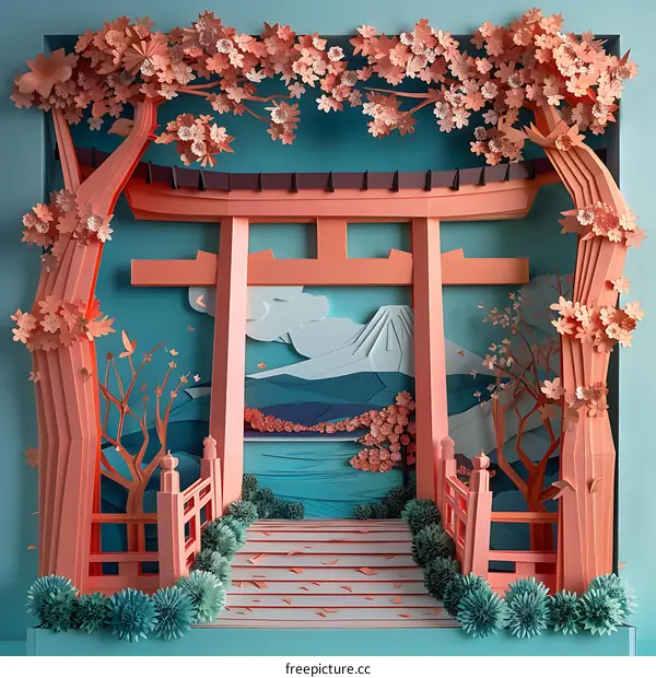 Paper Art Landscape of Japanese Shrine with Cherry Blossoms
