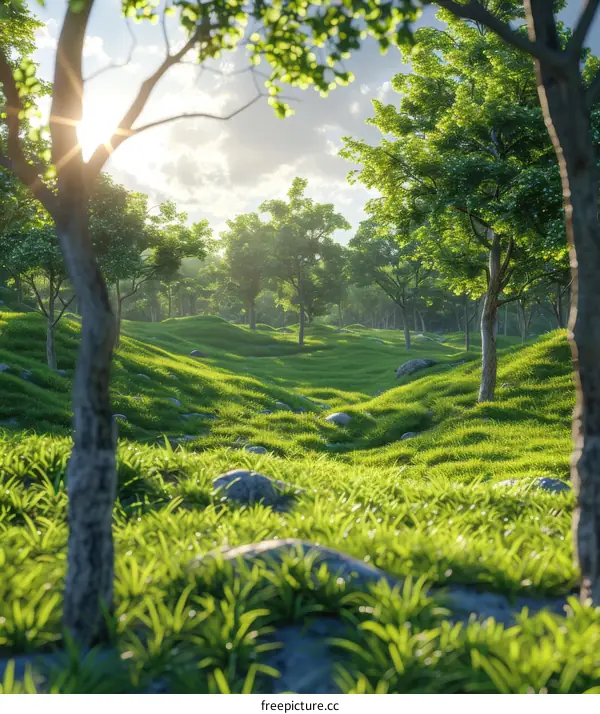 Sunlight Dappled Through Lush Green Forest