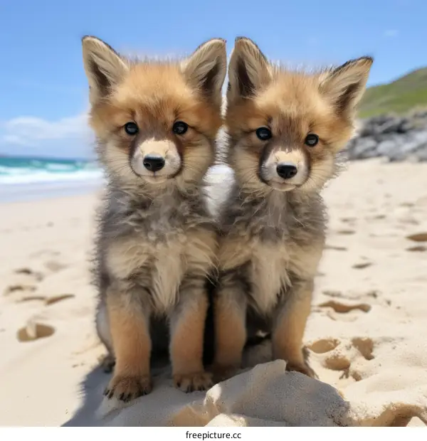Two Adorable Fennec Foxes Sitting on the Beach