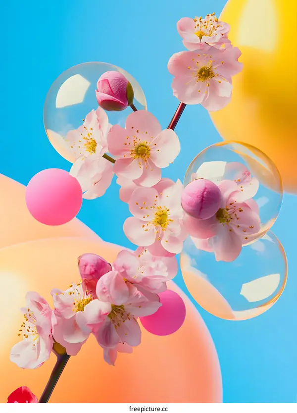 Pink Flower Branch with Abstract Colorful Bubbles