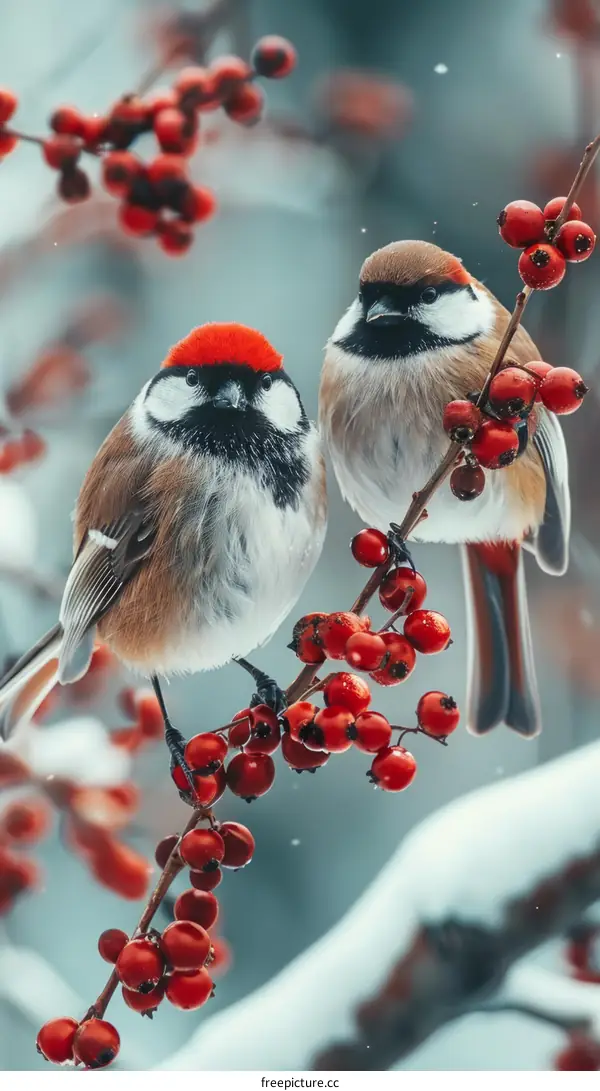 Two birds on a branch with red berries in the snow