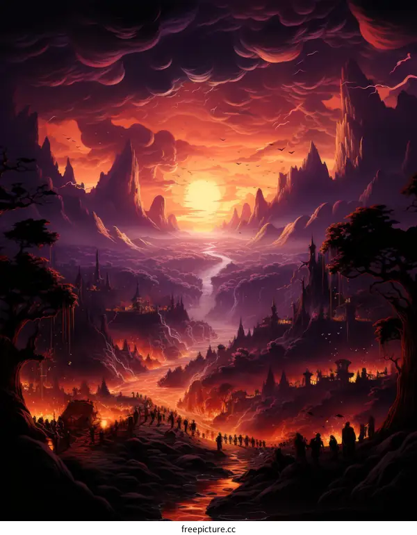 A group of people walking through a desolate landscape with a river of lava flowing through it