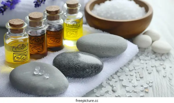 Spa and wellness still life with aroma oil and hot stones