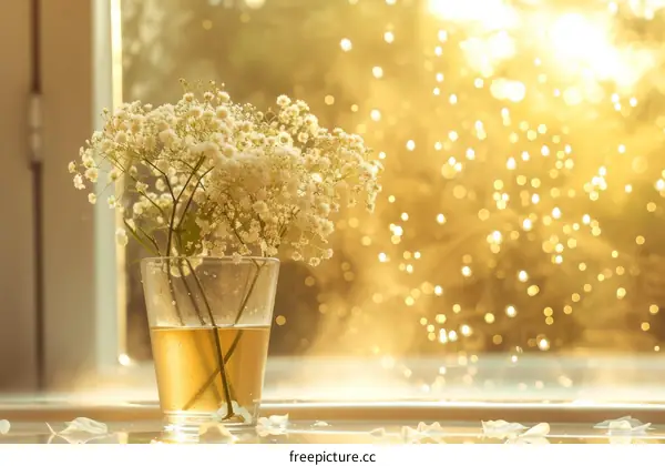 Delicate white flowers in a glass vase by the window