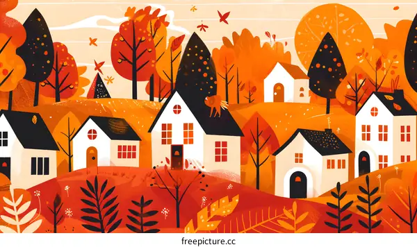 Autumn Village Illustration with Orange and Red Tones