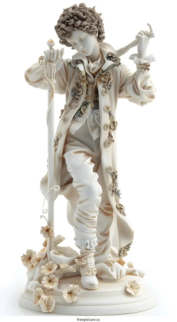 A young man in a white suit playing the flute