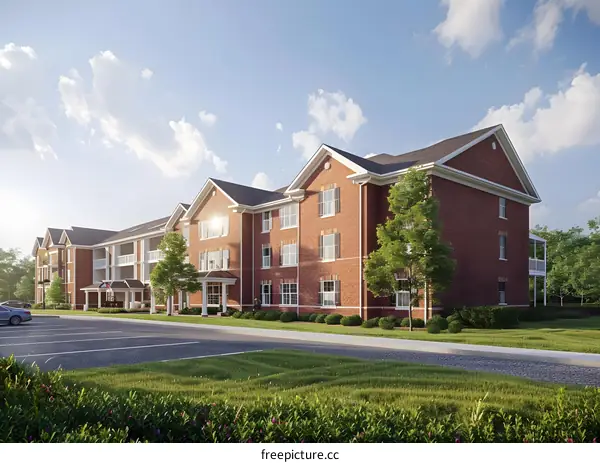 Brick Exterior Apartment Building With Green Grass
