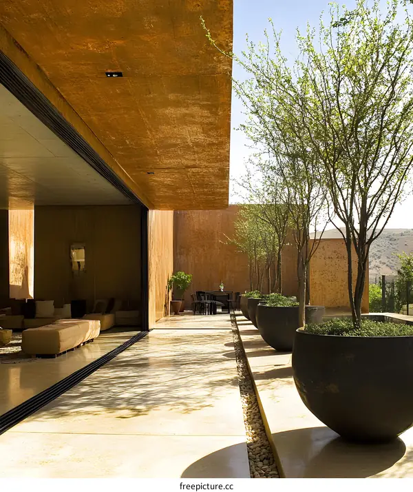 Modern Architecture Patio Design With Stone Floor And Potted Trees