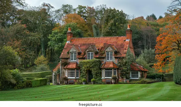 A picturesque English country cottage surrounded by autumn foliage