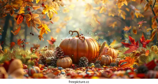 Autumn Harvest Pumpkin Still Life with Foliage
