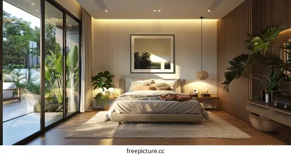 A luxurious bedroom with a large bed, a rug, a painting, and plants