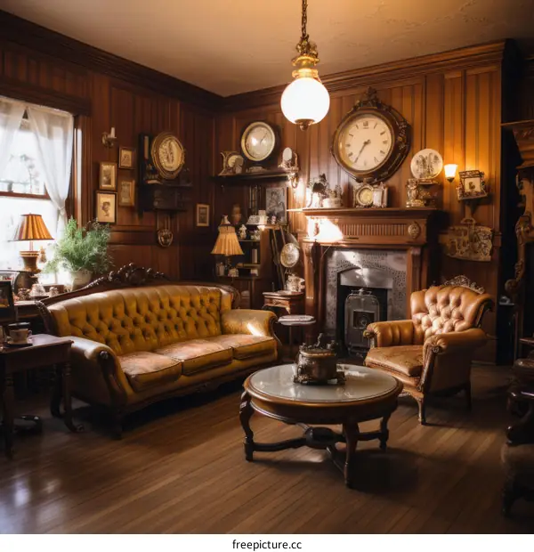 ornate living room with leather furniture and fireplace