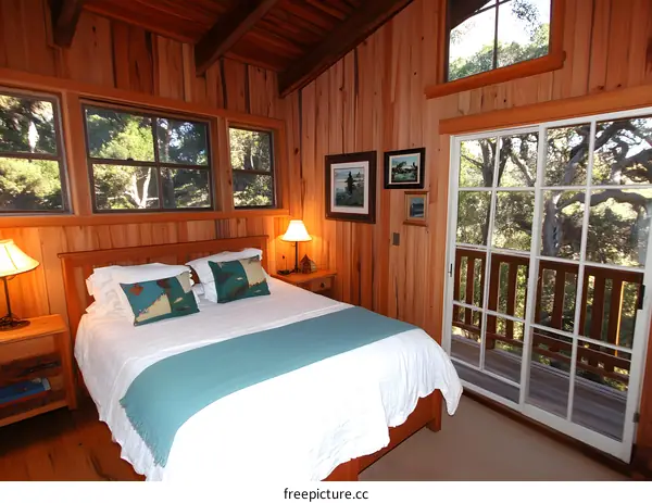 Wooden Cabin Bedroom with White Bed and Window View
