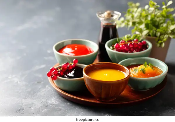 Assortment of Colorful Fruit Sauces and Smoothies on Tray