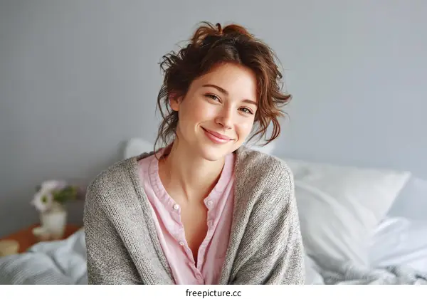 Smiling Woman in Cozy Outfit on Bed