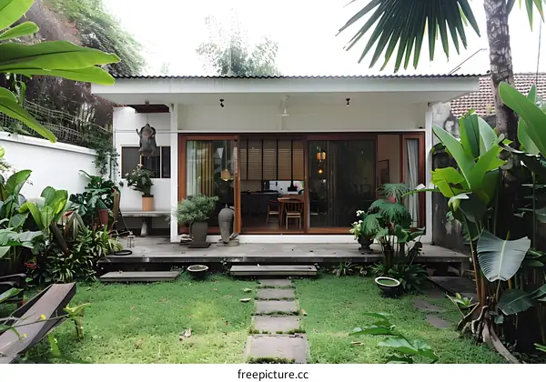 Modern Tropical House Exterior with Lush Greenery and Stone Pathway