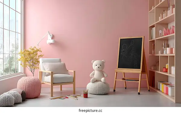 Pink Room Interior Design with Wooden Furniture
