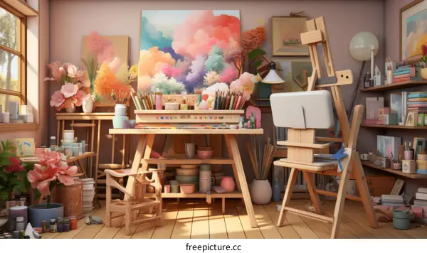 Vibrant and Creative Art Studio with Painting Supplies and a Blank Canvas