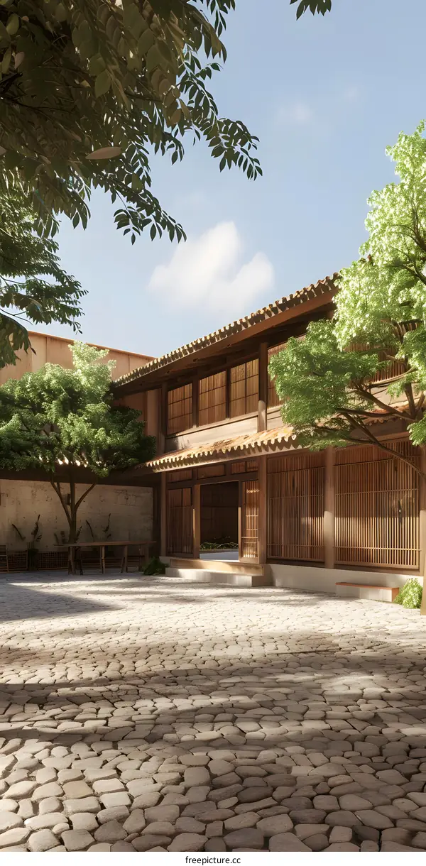 Traditional Japanese Style House with Cobblestone Courtyard and Greenery