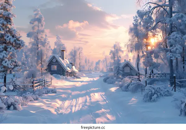 Snowy Cabin Winter Landscape Illustration
