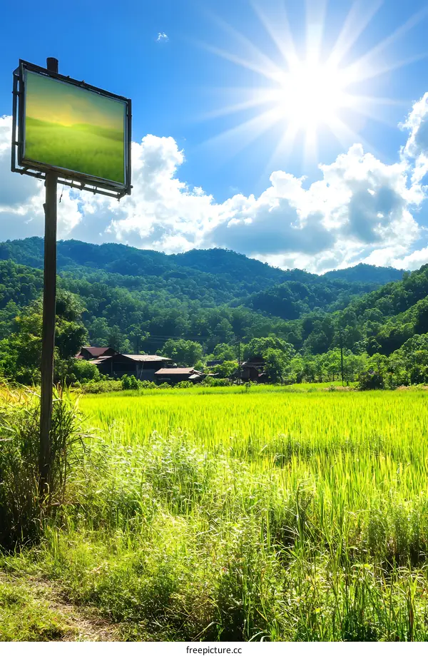 Green Rice Field in Front of Mountain with Sign Post