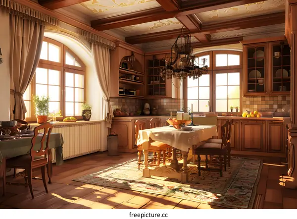 Rustic Kitchen with Wooden Beams and Chandelier