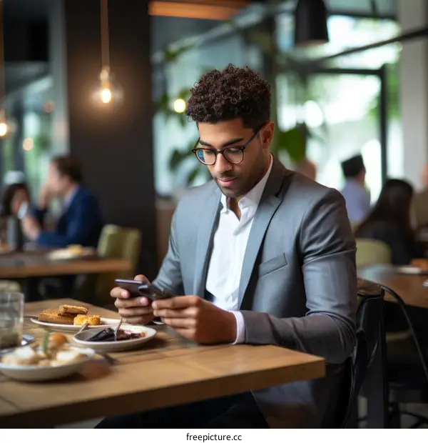 Young professional black man in suit using smart phone in restaurant