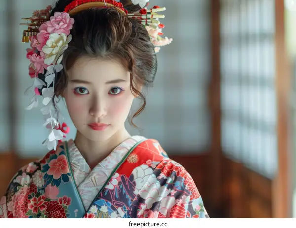 Portrait of a beautiful Japanese woman in traditional kimono