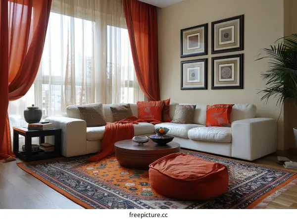 Bright living room with white sofa and orange accents