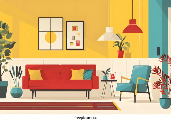 Mid Century Modern Living Room Interior Design Illustration